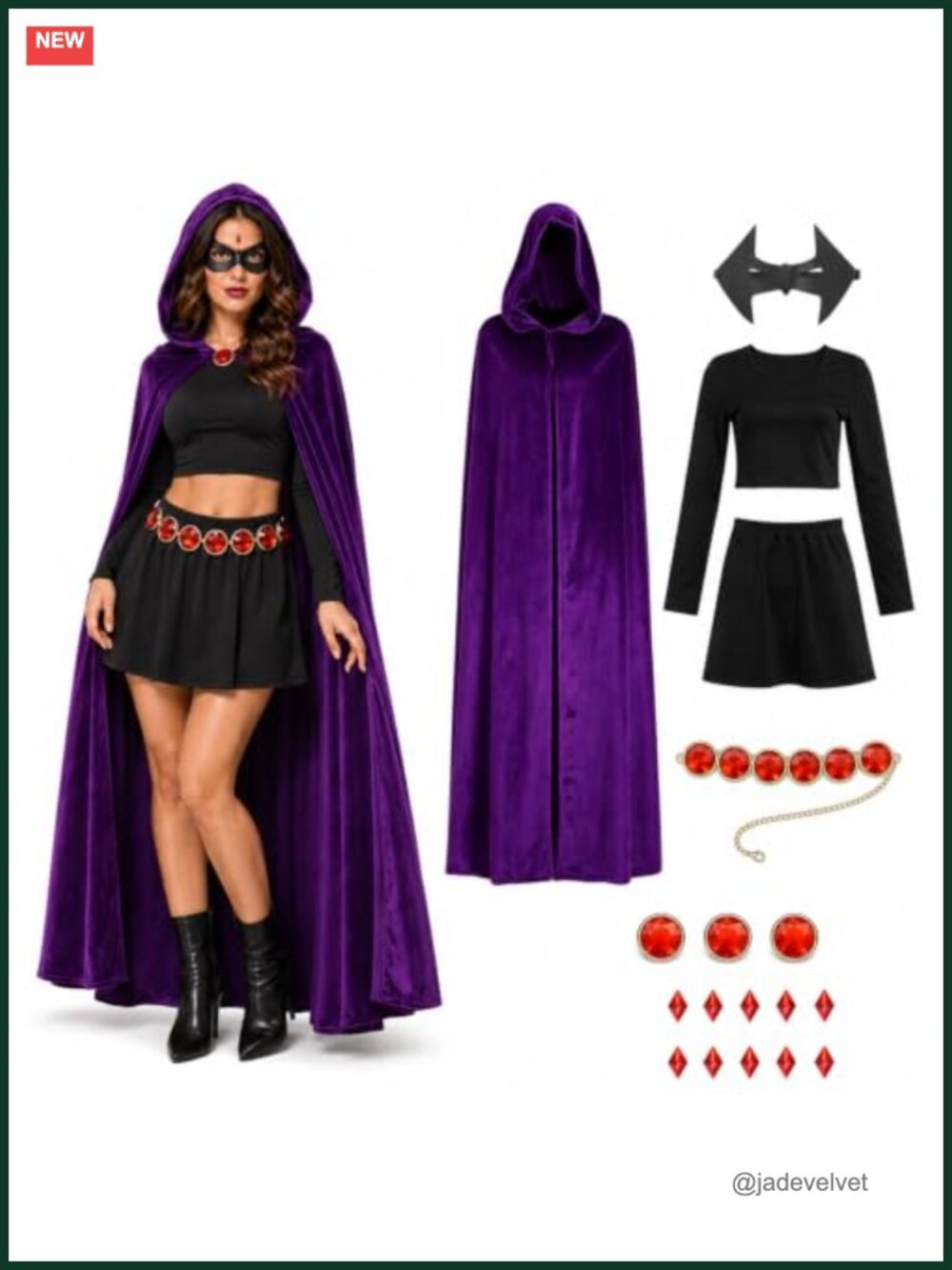 Witch Costume Hooded Cape Crop Top Skirt Set Cosplay Halloween